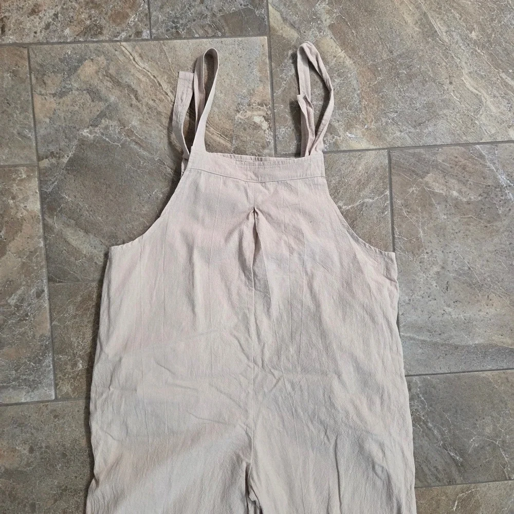 Womens Cotton Wide Leg Overalls Beige Neutral Relaxed Fit Bib Jumpsuit Large - Picture 8 of 9